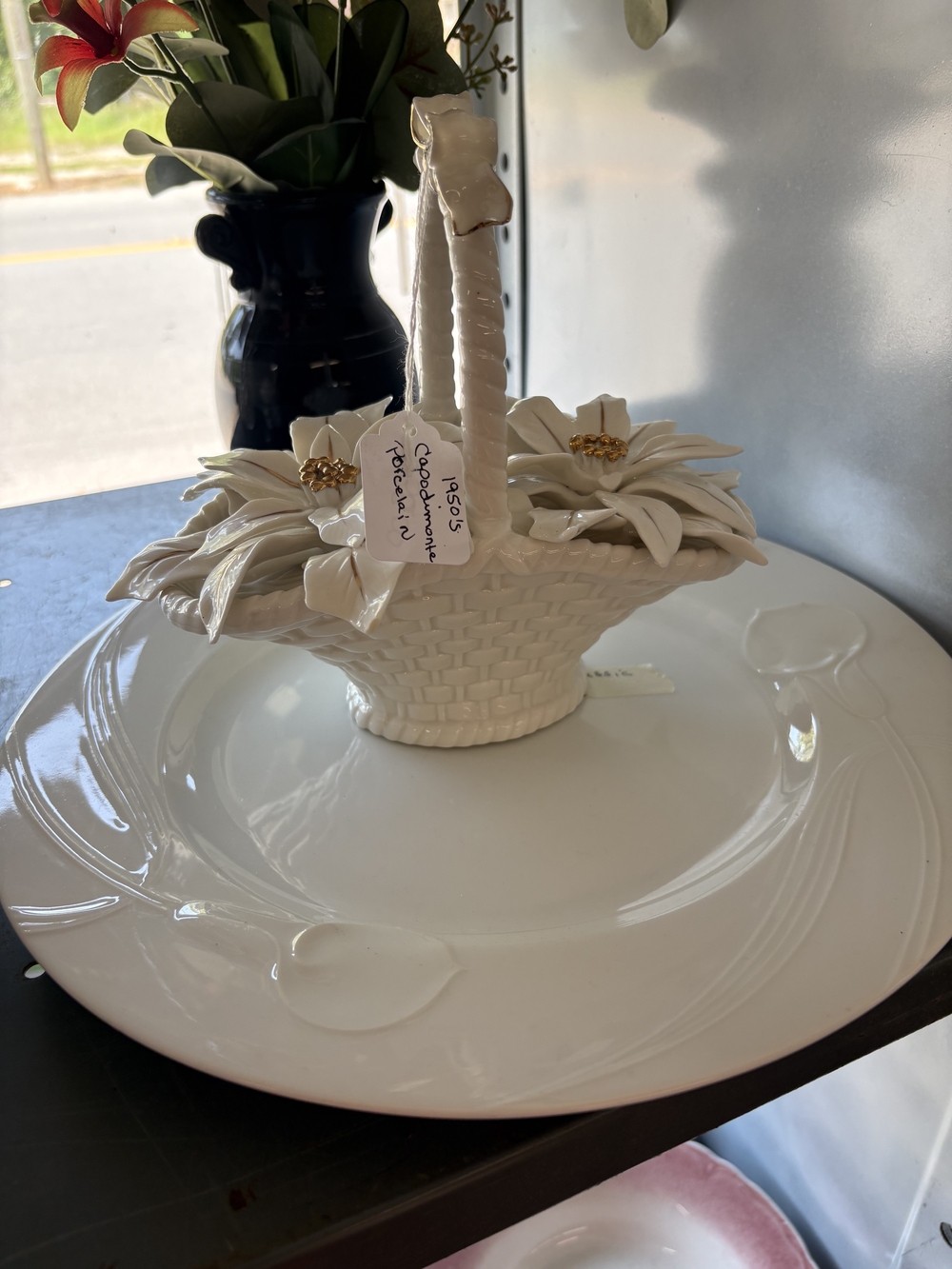 White Ceramic Flower Basket Centerpiece - Home Dining